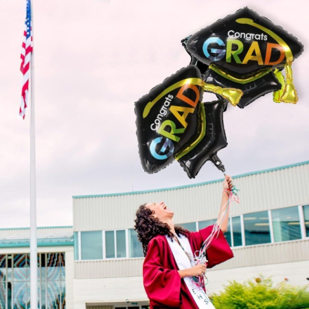 Balon din Folie Metalizata, , Figurina, Model Toca Congrats Grad, Tematica Absolvire,  66x66 cm, Ambalaj Individual, Pai Inclus, Umflare cu Aer sau Heliu, Negru [4]