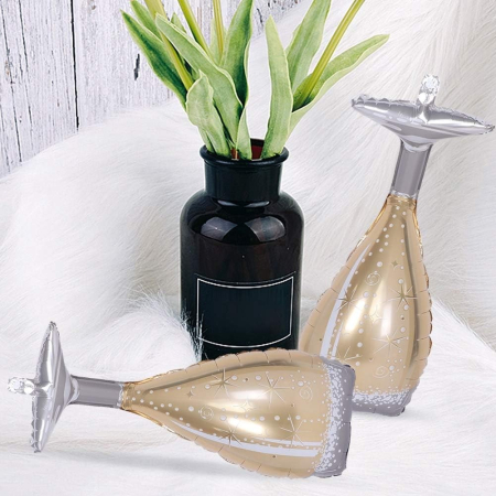 Balon din Folie Metalizata, , Figurina Pahar de Sampanie, Tema Aniversare, 100x40 cm, Ambalaj Individual, Pai Inclus, Umflare cu Aer sau Heliu, Auriu [2]