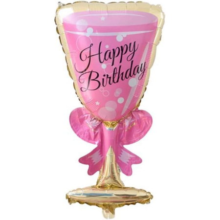 Balon din Folie Metalizata, , Figurina Pahar de Vin, Tema Aniversare, 93x48 cm, Ambalaj Individual, Pai Inclus, Umflare cu Aer sau Heliu, Roz [1]