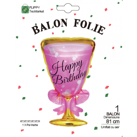 Balon din Folie Metalizata, , Figurina Pahar de Vin, Tema Aniversare, 93x48 cm, Ambalaj Individual, Pai Inclus, Umflare cu Aer sau Heliu, Roz [3]