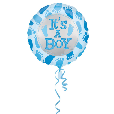 Balon din Folie Metalizata, , Figurina Rotunda, Model It's a Boy, Tema Gender Reveal, 45 cm, Ambalaj Individual, Pai Inclus, Umflare cu Aer sau Heliu, Albastru [2]