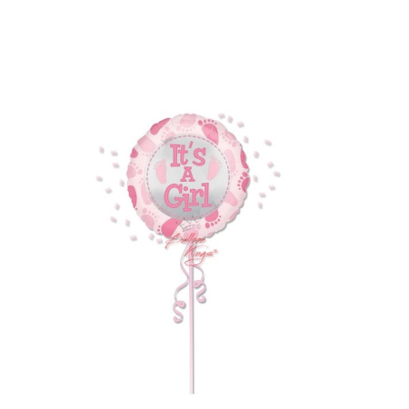 Balon din Folie Metalizata, , Figurina Rotunda, Model It's a Girl, Tema Gender Reveal, 45 cm, Ambalaj Individual, Pai Inclus, Umflare cu Aer sau Heliu, Roz [1]