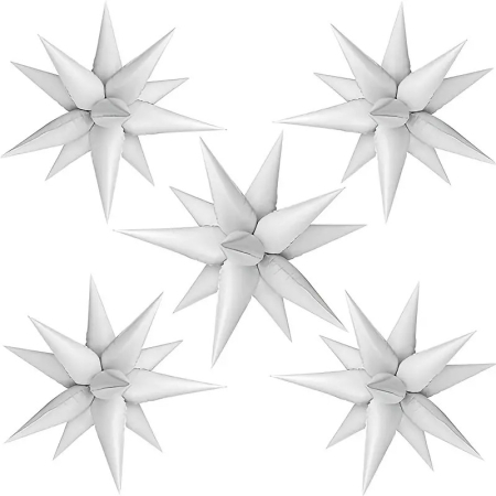 Balon din Folie Metalizata, , Figurina Stea 3D, 66 cm, Ambalaj Individual, Pai inclus, Umflare cu Aer sau Heliu, Alb [1]