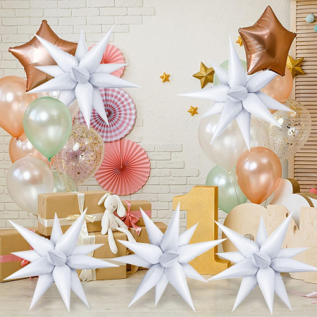 Balon din Folie Metalizata, , Figurina Stea 3D, 66 cm, Ambalaj Individual, Pai inclus, Umflare cu Aer sau Heliu, Alb [4]