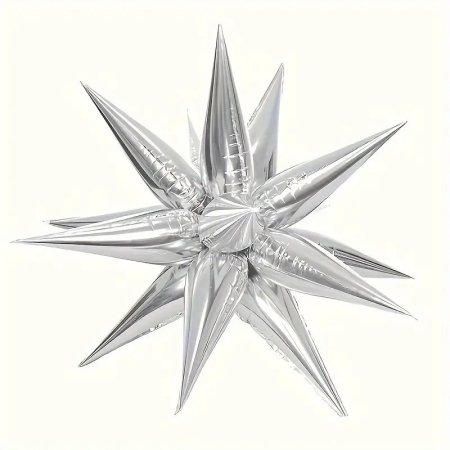 Balon din Folie Metalizata, , Figurina Stea 3D, 66 cm, Ambalaj Individual, Pai inclus, Umflare cu Aer sau Heliu, Argintiu [2]