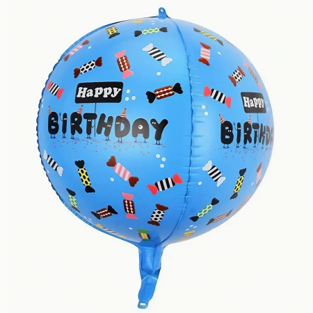 Balon din Folie Metalizata, , Figurine 4D, Model Happy Birthday, Tematica Aniversara Bombonele, 63x24 cm, Ambalaj Individual, Pai Inclus, Umflare cu Aer sau Heliu, Albastru [3]