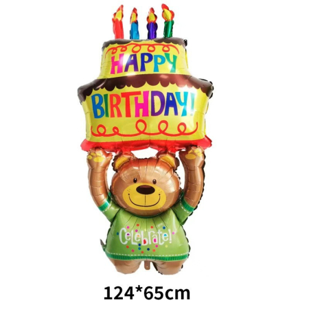 Balon din Folie Metalizata, , Figurine Animalute, Model Ursulet cu Tort Aniversar, 124x65 cm, Ambalaj Individual, Pai Inclus, Umflare cu Aer sau Heliu, Multicolor [11]