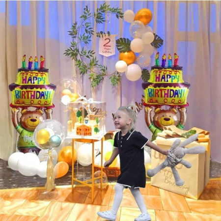 Balon din Folie Metalizata, , Figurine Animalute, Model Ursulet cu Tort Aniversar, 124x65 cm, Ambalaj Individual, Pai Inclus, Umflare cu Aer sau Heliu, Multicolor [10]