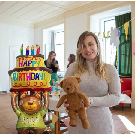 Balon din Folie Metalizata, , Figurine Animalute, Model Ursulet cu Tort Aniversar, 124x65 cm, Ambalaj Individual, Pai Inclus, Umflare cu Aer sau Heliu, Multicolor [7]