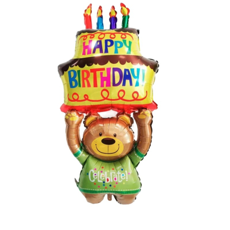 ✨TOATE PRODUSELE✨ - Balon din Folie Metalizata, , Figurine Animalute, Model Ursulet cu Tort Aniversar, 124x65 cm, Ambalaj Individual, Pai Inclus, Umflare cu Aer sau Heliu, Multicolor