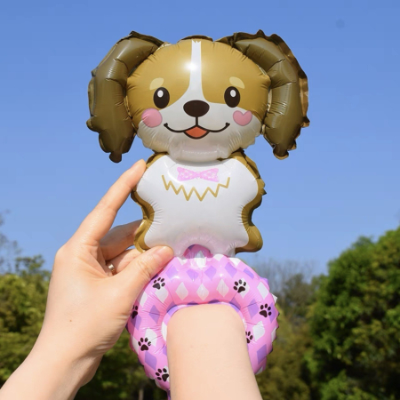 Balon din Folie Metalizata, , Figurine Animalute, Tip Bratara, Model Caine, Ambalaj Individual, Pai Inclus, Umflare cu Aer sau Heliu, Maro [1]