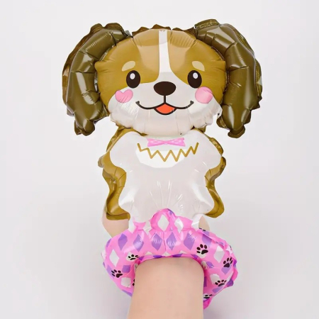 Balon din Folie Metalizata, , Figurine Animalute, Tip Bratara, Model Catel, 13 x 35 cm, Ambalaj Individual, Pai Inclus, Umflare cu Aer sau Heliu, Maro [2]