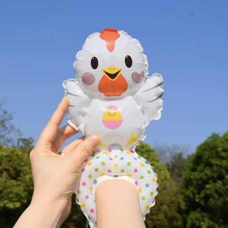 Balon din Folie Metalizata, , Figurine Animalute, Tip Bratara, Model Gaina, Ambalaj Individual, Pai Inclus, Umflare cu Aer sau Heliu, Alb [1]