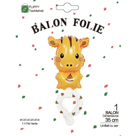 Balon din Folie Metalizata, , Figurine Animalute, Tip Bratara, Model Girafa, 13 x 35 cm, Ambalaj Individual, Pai Inclus, Umflare cu Aer sau Heliu, Maro [5]