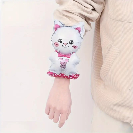 Balon din Folie Metalizata, , Figurine Animalute, Tip Bratara, Model Pisica, 13 x 35 cm, Ambalaj Individual, Pai Inclus, Umflare cu Aer sau Heliu, Alb [1]