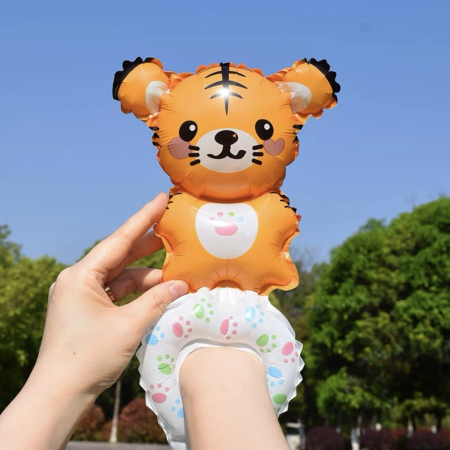 Balon din Folie Metalizata, , Figurine Animalute, Tip Bratara, Model Tigru, Ambalaj Individual, Pai Inclus, Umflare cu Aer sau Heliu, Portocaliu [1]