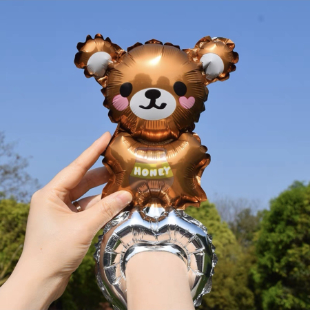 Balon din Folie Metalizata, , Figurine Animalute, Tip Bratara, Model Ursulet, Ambalaj Individual, Pai Inclus, Umflare cu Aer sau Heliu, Maro [1]