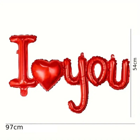 Balon din Folie Metalizata, Figurine Litere si Inima, Model I Love You, Tema Ziua Indragostitilor, 54x97 cm, Ambalaj Individual, Pai Inclus, Umflare cu Aer sau Heliu, Rosu [2]