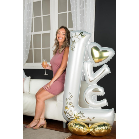 Balon din Folie Metalizata, , Figurine, Model LOVE, Tematica Iubire, 110x64 cm, Ambalaj Individual, Pai Inclus, Umflare cu Aer sau Heliu, Alb [1]
