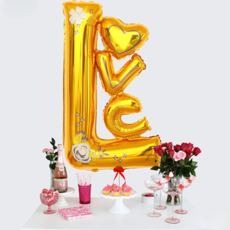 Balon din Folie Metalizata, , Figurine, Model LOVE, Tematica Iubire, 110x64 cm, Ambalaj Individual, Pai Inclus, Umflare cu Aer sau Heliu, Galben [6]