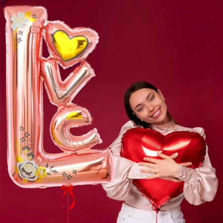 Balon din Folie Metalizata, , Figurine, Model LOVE, Tematica Iubire, 110x64 cm, Ambalaj Individual, Pai Inclus, Umflare cu Aer sau Heliu, Roz [3]