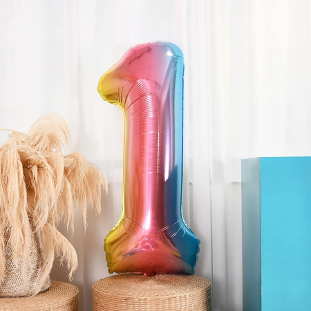 Balon din Folie Metalizata Gradient , Figurina Cifra, Tema Aniversare 100 cm, Ambalaj Individual, Pai inclus, Umflare cu Aer sau Heliu, Multicolor, Cifra 1 [2]