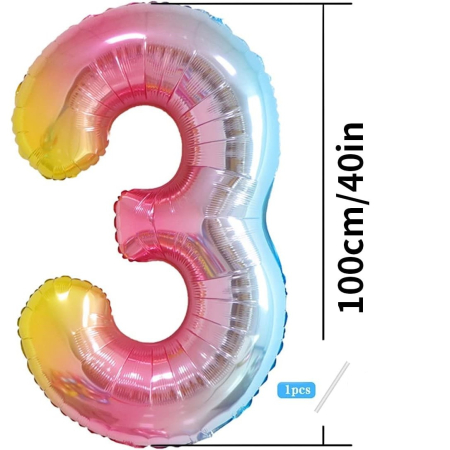 Balon din Folie Metalizata Gradient , Figurina Cifra, Tema Aniversare 100 cm, Ambalaj Individual, Pai inclus, Umflare cu Aer sau Heliu, Multicolor, Cifra 3 [8]