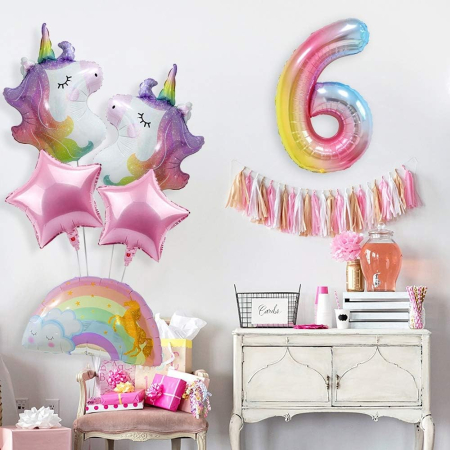 Balon din Folie Metalizata Gradient , Figurina Cifra, Tema Aniversare 100 cm, Ambalaj Individual, Pai inclus, Umflare cu Aer sau Heliu, Multicolor, Cifra 6 [4]