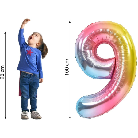 Balon din Folie Metalizata Gradient , Figurina Cifra, Tema Aniversare 100 cm, Ambalaj Individual, Pai inclus, Umflare cu Aer sau Heliu, Multicolor, Cifra 9 [6]