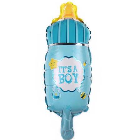 Balon din Folie Metalizata, , Mini Figurina Biberon, Model It's a Boy, Tematica Gender Reveal, 44x20 cm, Ambalaj Individual, Pai Inclus, Umflare cu Aer sau Heliu, Albastru [2]