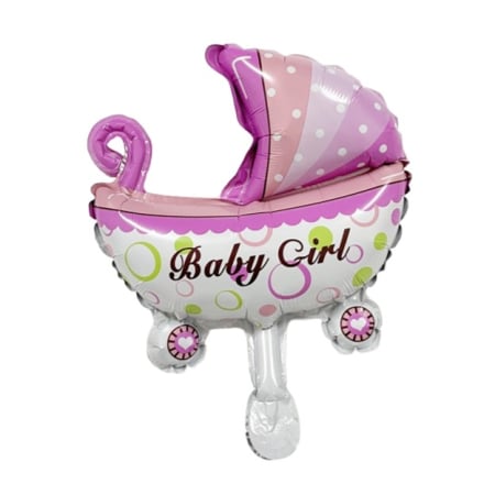 ✨TOATE PRODUSELE✨ - Balon din Folie Metalizata, , Mini Figurina, Model Carucior Bebelus, Tematica Gender Reveal, 39x29 cm, Ambalaj Individual, Pai Inclus, Umflare cu Aer sau Heliu, Roz