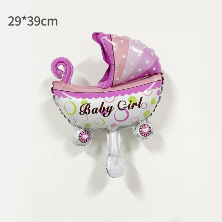 Balon din Folie Metalizata, , Mini Figurina, Model Carucior Bebelus, Tematica Gender Reveal, 39x29 cm, Ambalaj Individual, Pai Inclus, Umflare cu Aer sau Heliu, Roz [1]