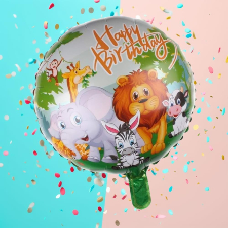 Balon din Folie Metalizata, , Mini Figurina Rotunda, Model Animalute, Happy Birthday, Tematica Aniversare, 45 cm, Ambalaj Individual, Pai Inclus, Umflare cu Aer sau Heliu, Multicolor [2]