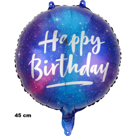 Balon din Folie Metalizata, , Mini Figurina Rotunda, Model Cer Instelat, Happy Birthday, Tematica Aniversare, 45 cm, Ambalaj Individual, Pai Inclus, Umflare cu Aer sau Heliu, Multicolor [5]