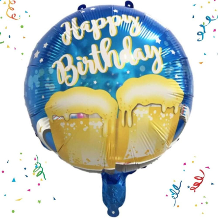 Balon din Folie Metalizata, , Mini Figurina Rotunda, Model Halbe de Bere, Happy Birthday, Tematica Aniversare, 45 cm, Ambalaj Individual, Pai Inclus, Umflare cu Aer sau Heliu, Albastru [2]