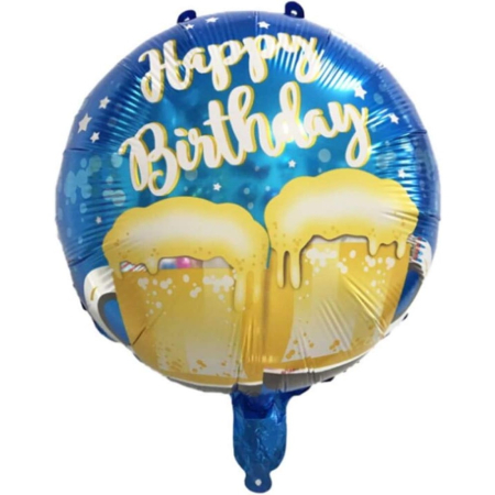 Balon din Folie Metalizata, , Mini Figurina Rotunda, Model Halbe de Bere, Happy Birthday, Tematica Aniversare, 45 cm, Ambalaj Individual, Pai Inclus, Umflare cu Aer sau Heliu, Albastru [4]