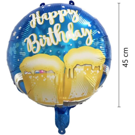 Balon din Folie Metalizata, , Mini Figurina Rotunda, Model Halbe de Bere, Happy Birthday, Tematica Aniversare, 45 cm, Ambalaj Individual, Pai Inclus, Umflare cu Aer sau Heliu, Albastru [3]