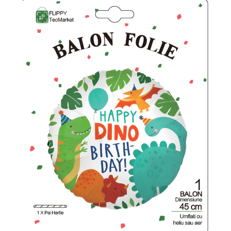 Balon din Folie Metalizata, , Mini Figurina Rotunda, Model Happy Birthday cu Dinozauri, Tema Aniversare, 45 cm, Ambalaj Individual, Pai inclus, Umflare cu Aer sau Heliu, Multicolor [2]