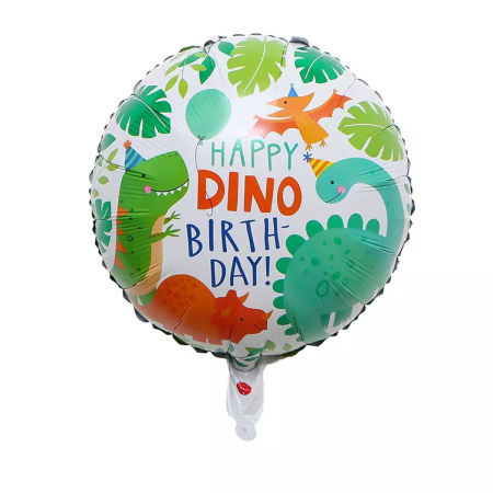 ✨TOATE PRODUSELE✨ - Balon din Folie Metalizata, , Mini Figurina Rotunda, Model Happy Birthday cu Dinozauri, Tema Aniversare, 45 cm, Ambalaj Individual, Pai inclus, Umflare cu Aer sau Heliu, Multicolor