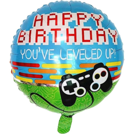 ✨TOATE PRODUSELE✨ - Balon din Folie Metalizata, , Mini Figurina Rotunda, Model Happy Birthday Gamer, Tema Aniversare, 45 cm, Ambalaj Individual, Pai inclus, Umflare cu Aer sau Heliu, Albastru