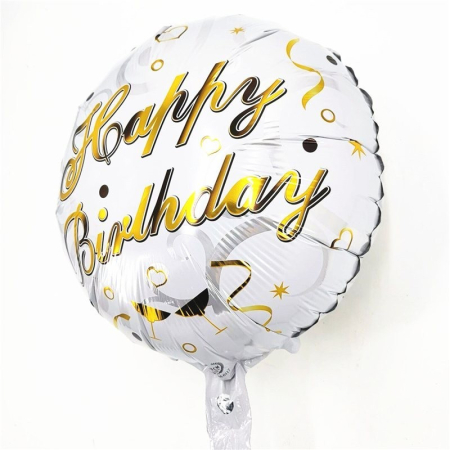 Balon din Folie Metalizata, , Mini Figurina Rotunda, Model Happy Birthday, Tema Aniversare, 45 cm, Ambalaj Individual, Pai inclus, Umflare cu Aer sau Heliu, Argintiu [1]