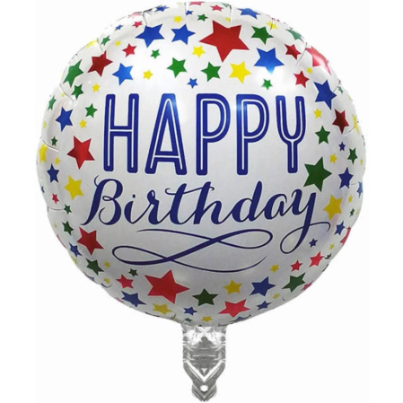 ✨TOATE PRODUSELE✨ - Balon din Folie Metalizata, , Mini Figurina Rotunda, Model Happy Birthday, Tema Aniversare, 45 cm, Ambalaj Individual, Pai inclus, Umflare cu Aer sau Heliu, Multicolor