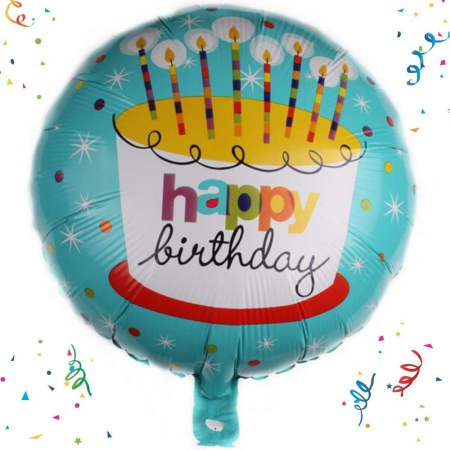 Balon din Folie Metalizata, , Mini Figurina Rotunda, Model Happy Birthday Tort, Tema Aniversare, 45 cm, Ambalaj Individual, Pai inclus, Umflare cu Aer sau Heliu, Albastru [1]