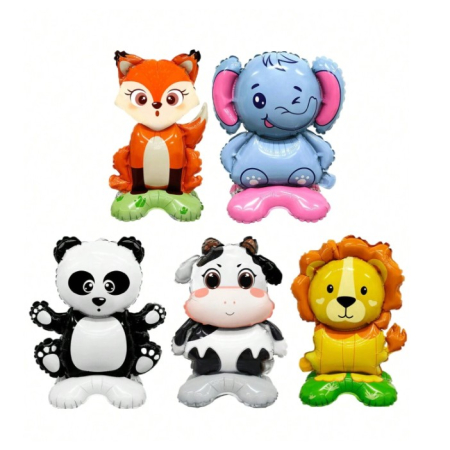 Balon din Folie Metalizata, , Mini Figurine Animalute, Model Leu, Tematica Aniversare, 39x58 cm, Ambalaj Individual, Pai Inclus, Umflare cu Aer sau Heliu, Multicolor [5]