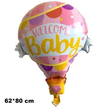 Balon din Folie Metalizata, , Mini Figurine, Model Balon cu Aer Cald Fetita, Tematica Welcome Baby, 80x62 cm, Ambalaj Individual, Pai Inclus, Umflare cu Aer sau Heliu, Roz [5]