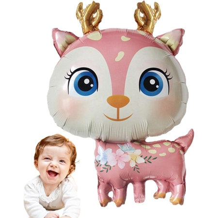 Balon din Folie Metalizata, , Mini Figurine, Model Cerb, Tematica Aniversare, 49x74.5 cm, Ambalaj Individual, Pai Inclus, Umflare cu Aer sau Heliu, Roz [1]