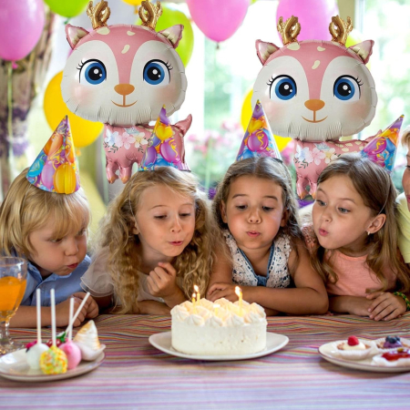 Balon din Folie Metalizata, , Mini Figurine, Model Cerb, Tematica Aniversare, 49x74.5 cm, Ambalaj Individual, Pai Inclus, Umflare cu Aer sau Heliu, Roz [8]