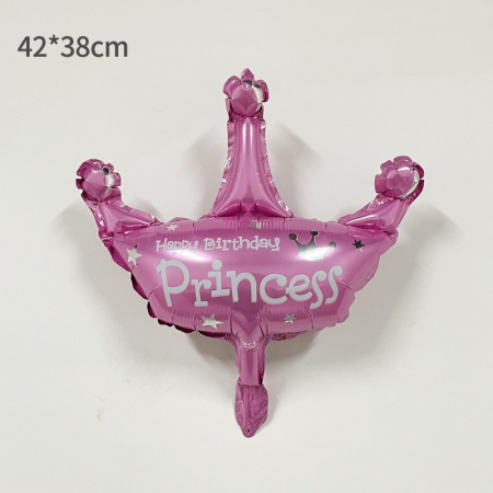 Balon din Folie Metalizata, , Mini Figurine, Model Coroana de Printesa, Tematica Aniversare, 42x38 cm, Ambalaj Individual, Pai Inclus, Umflare cu Aer sau Heliu, Roz [3]