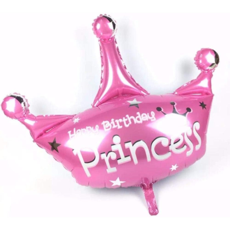 Balon din Folie Metalizata, , Mini Figurine, Model Coroana de Printesa, Tematica Aniversare, 42x38 cm, Ambalaj Individual, Pai Inclus, Umflare cu Aer sau Heliu, Roz [1]
