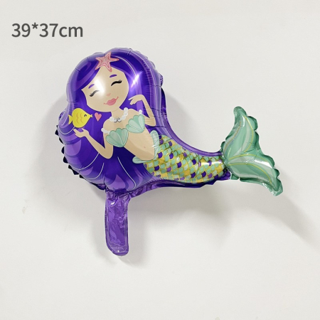 Balon din Folie Metalizata, , Mini Figurine, Model Sirena cu Par Mov, Tematica Aniversare, 39x37 cm, Ambalaj Individual, Pai Inclus, Umflare cu Aer sau Heliu, Multicolor [1]